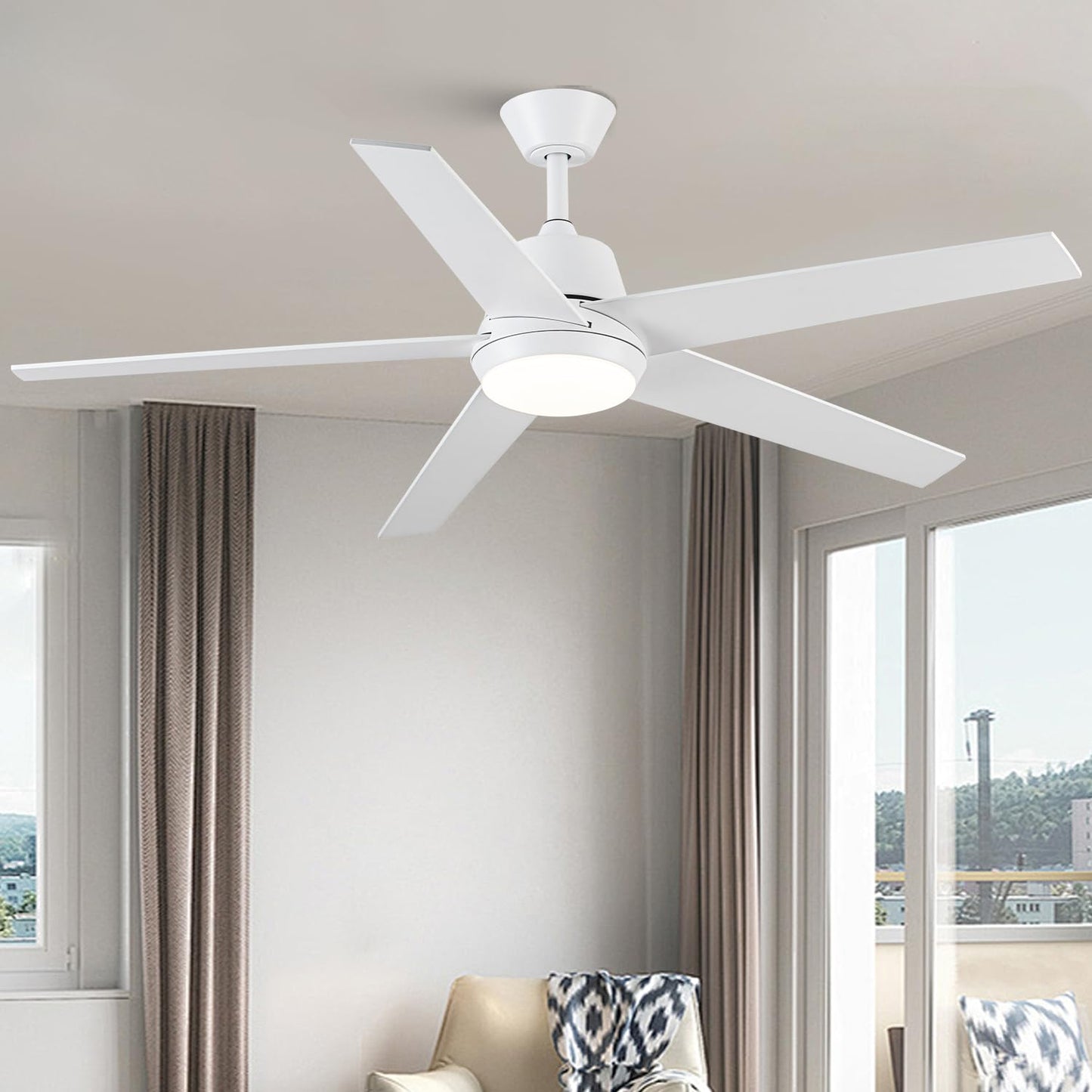 Ceiling Fans with Lights and Remote - 52 Inch Modern Cooling Fan with Noiseless Reversible DC Motor Timer White Ceiling Fan for Bedroom Living Room