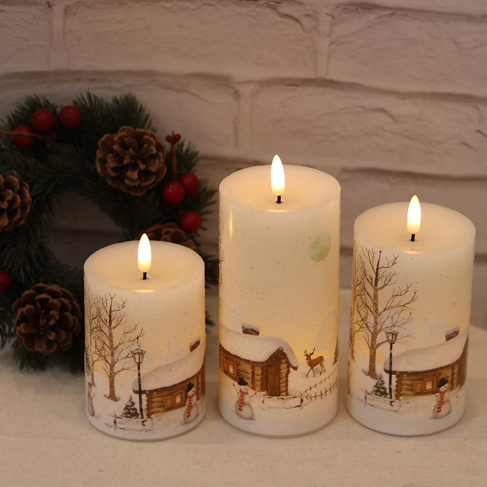 GenSwin Christmas Snowman Battery Operated Candles Flameless Flickering with Remote Timer, 3D Wick Real Wax Led Pillar Candles Warm Light, Christmas