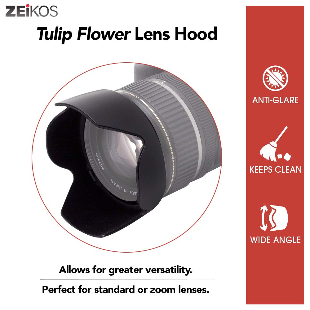 Zeikos 52MM Tulip Flower Lens Hood for Nikon, Canon, Sony, Sigma and Tamron Lenses, Comes with a Miracle Fiber Microfiber Cloth