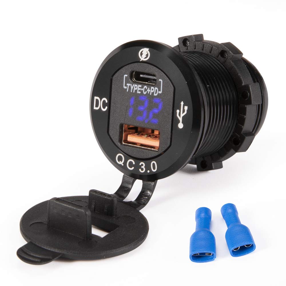 BUNKER INDUST Car Charger Socket Quick Charge 3.0QC,Dual Port USB Type C Outlet with Blue LED Digital Voltmeter,Aluminum Power Adapter 12V/24V
