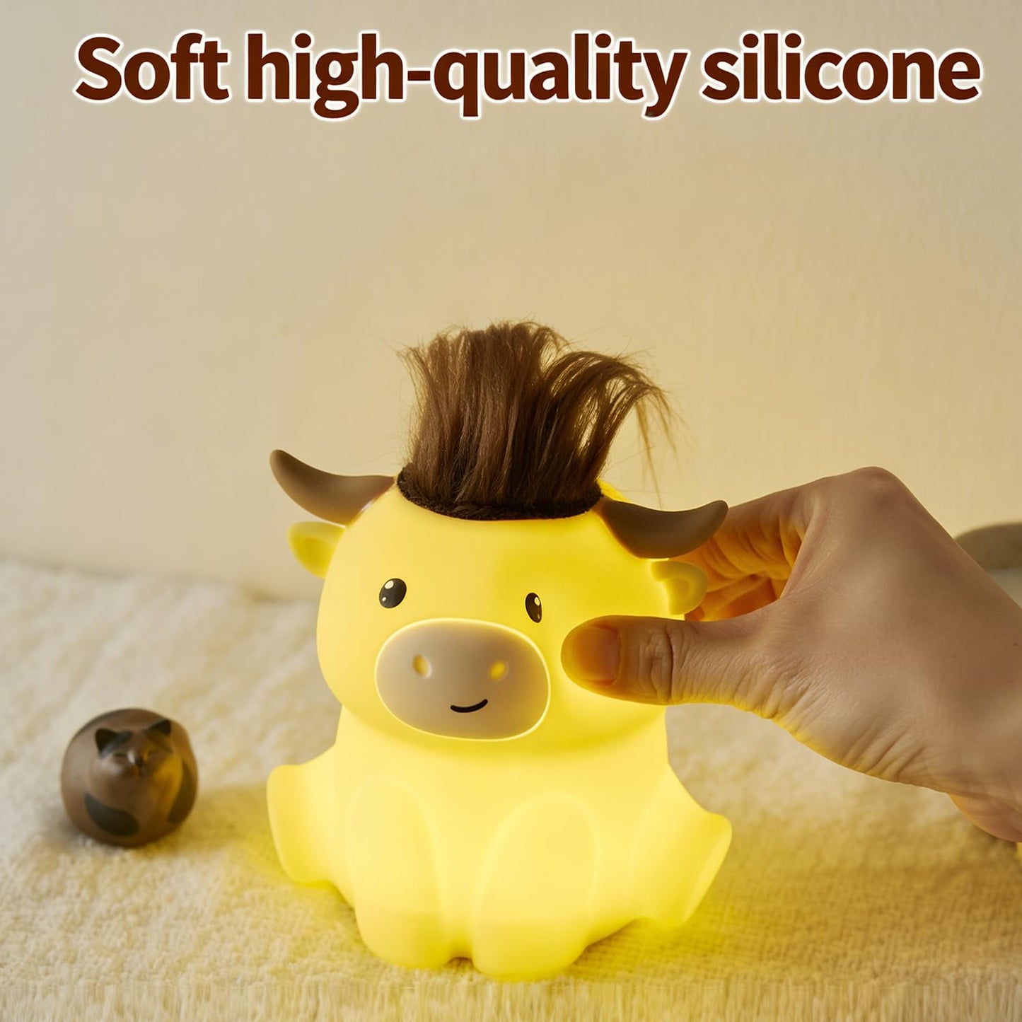 Bestfaith Cute Highland Cow Night Light, LED Squishy Night Lamp, 2 Levels Dimmable Timer Nursery Nightlight for Kids, Rechargeable Touch Lamp, Dorm