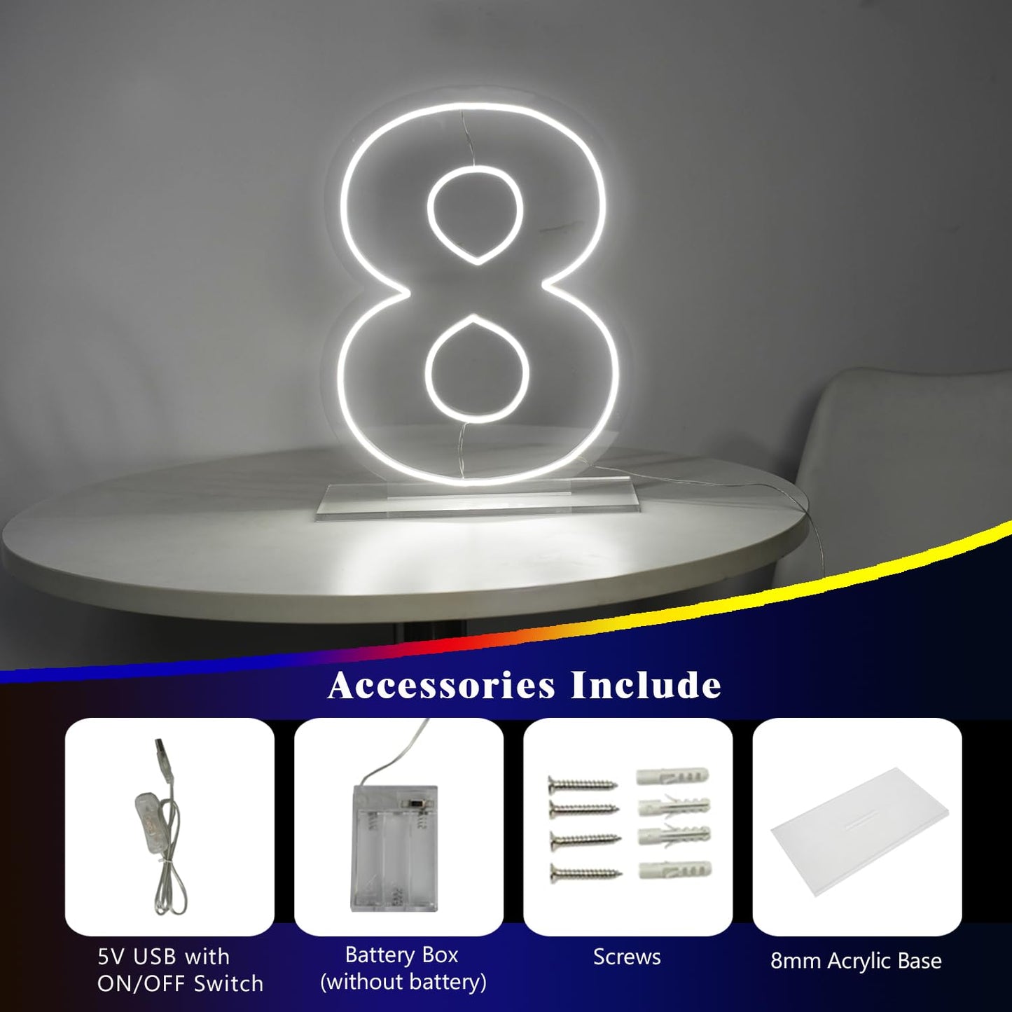 LIYUNEON Number 8 Neon Sign for Birthday, 1.38ft Cool White USB Battery Powered Led Neon Sign for Party Wedding Anniversary Decor Light Sign (Number
