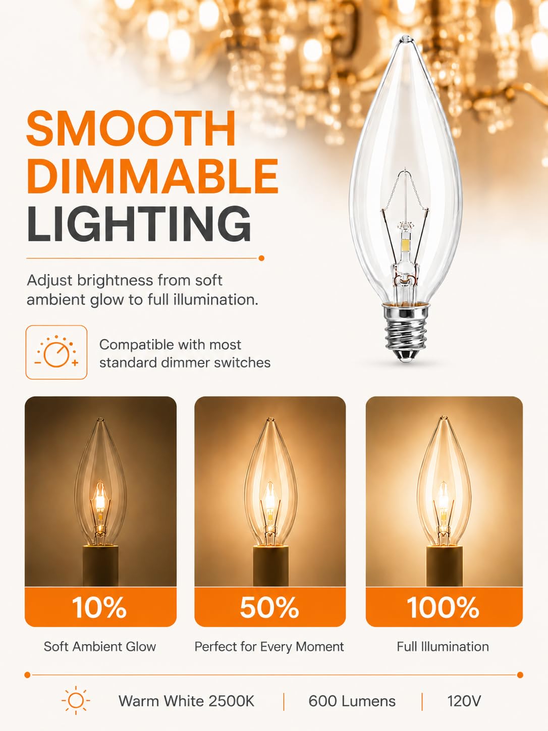 MEQIQTEK E12 60 Watt Incandescent Candle Light Bulbs, Chandelier Light Bulbs for Ceiling Fan, Vanity, Outdoor - Warm White 2500K, 600 Lumen Dimmable