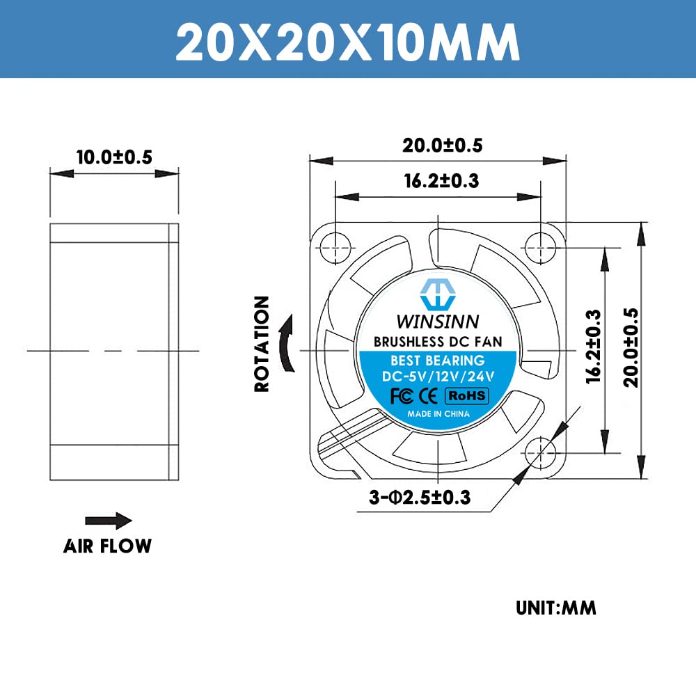 WINSINN 20mm 5V Fan - Hydraulic Bearing 12000 RPM 2010 Cooling Fan Replacement for Raspberry Pi/3D Printer/Small Server/Gaming Consoles/Network, 30cm