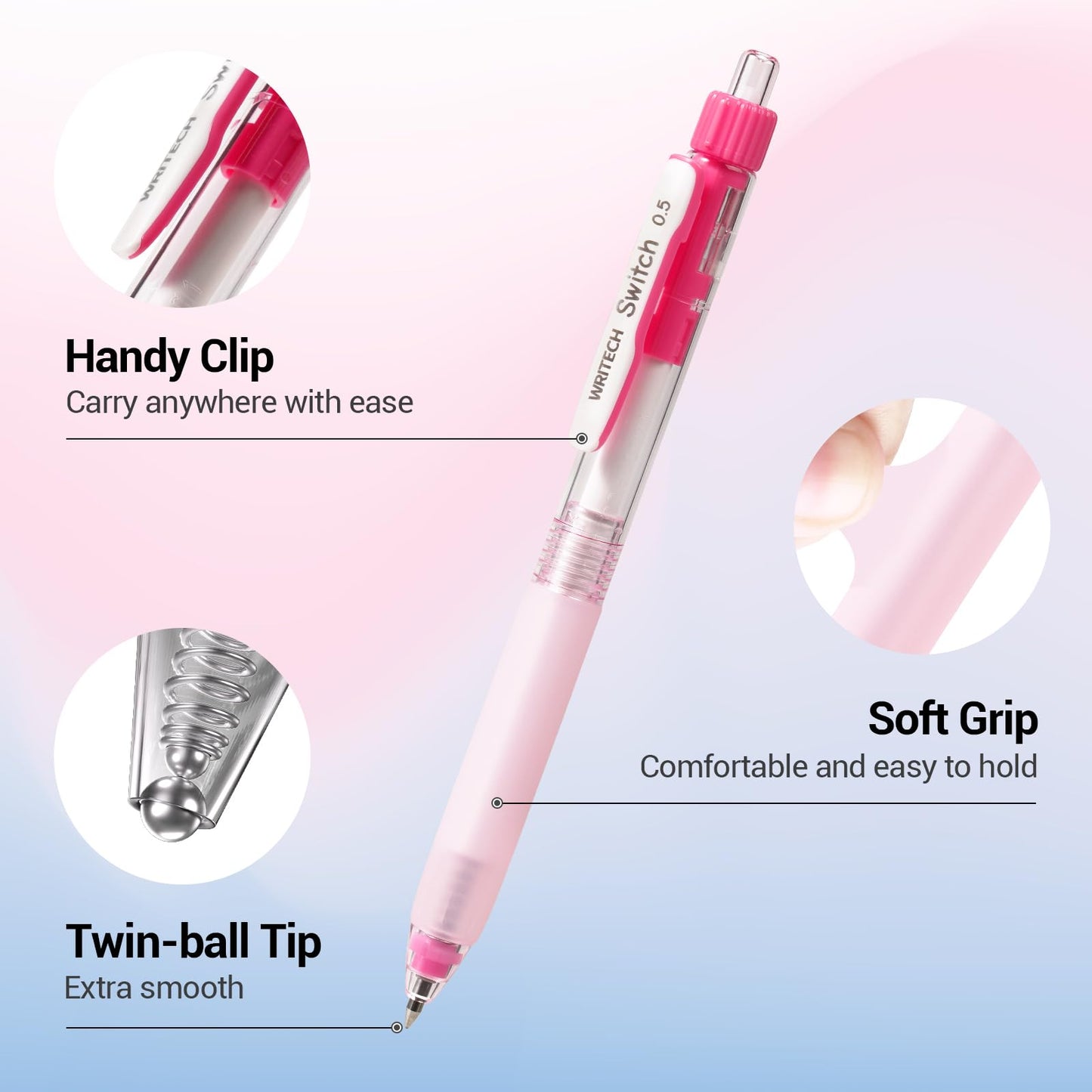 WRITECH Retractable Gel Ink Pens: 0.5mm Black-Ink Switch Between Silent and Clicky Soft Grip Fine Point Pen for Journaling Smooth Writing Quick-dry No