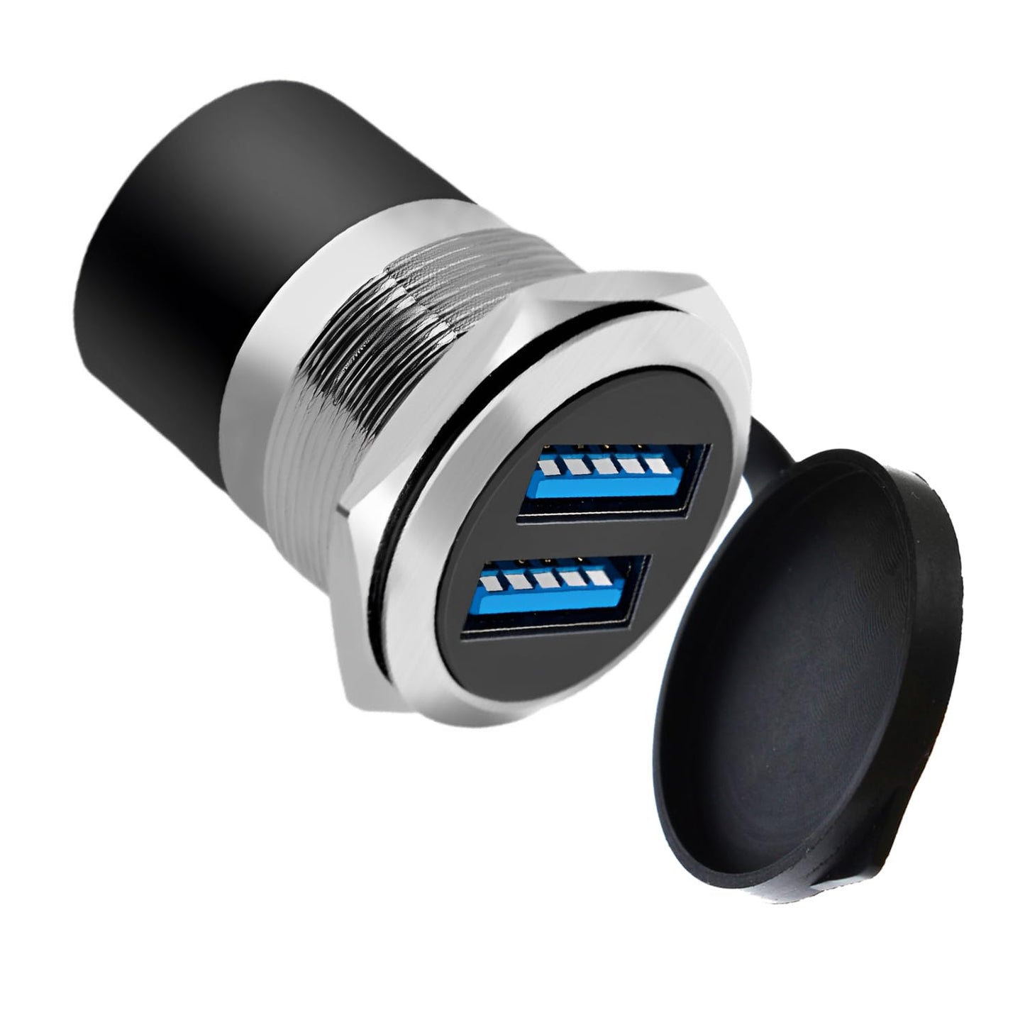 YiKaiEn Dual USB 3.0 Panel Mount Adapter - Threaded Round Connector with Waterproof Dust Cover, 2 Female to 2 Female Ports, 5Gbps for High-Speed Data
