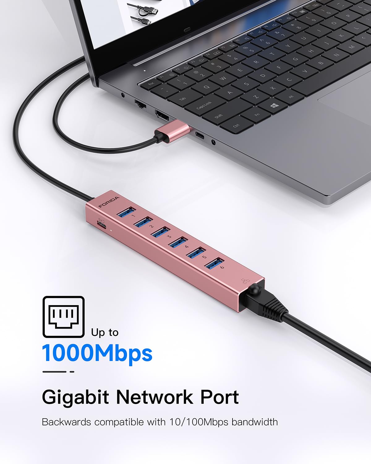 Aluminum USB 3.0 Adapter USB to Ethernet HUB with 120CM Long Cable for Laptop USB Extender with Gigabit Ethernet Port and 5V/3A Power Port 7 Ports USB