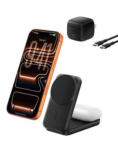 Belkin MagSafe Charger, Compatible 2-in-1 Charging Station, Qi2.2 25W Magnetic Wireless Charger iPhone, Foldable Stand, with 5W USB-C Port, for iPhone