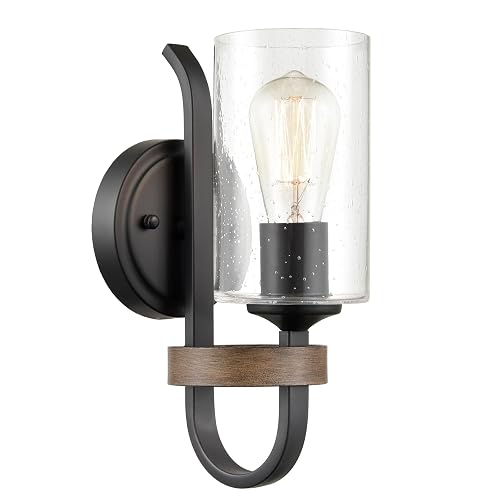 HYDELITE Industrial Seeded Cylindrical Glass Black Wall Sconce | Farmhouse Black & Wood Grain Finish Accented Bathroom Wall Light Oil Rubbed Bronze