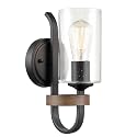HYDELITE Industrial Seeded Cylindrical Glass Black Wall Sconce | Farmhouse Black & Wood Grain Finish Accented Bathroom Wall Light Oil Rubbed Bronze