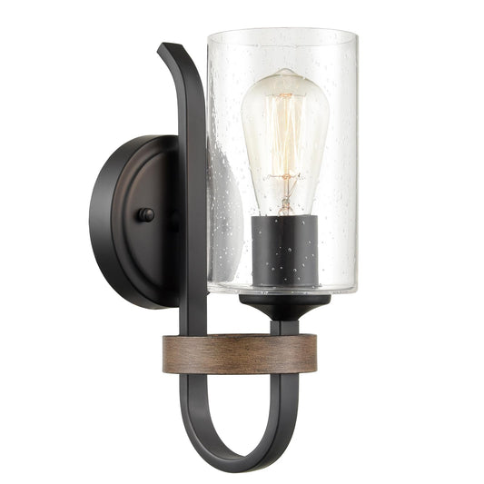 HYDELITE Industrial Seeded Cylindrical Glass Black Wall Sconce | Farmhouse Black & Wood Grain Finish Accented Bathroom Wall Light Oil Rubbed Bronze