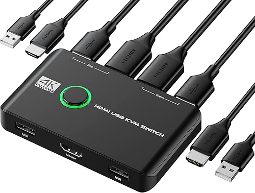 4K KVM Switch HDMI 2 Port Box, USB HDMI KVM Switches for 2 Computers Share Keyboard Mouse Printer and one HD Monitor, Support UHD 4K@60Hz, with 2 USB