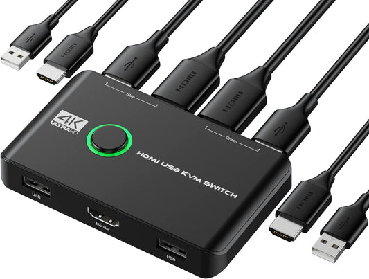 4K KVM Switch HDMI 2 Port Box, USB HDMI KVM Switches for 2 Computers Share Keyboard Mouse Printer and one HD Monitor, Support UHD 4K@60Hz, with 2 USB