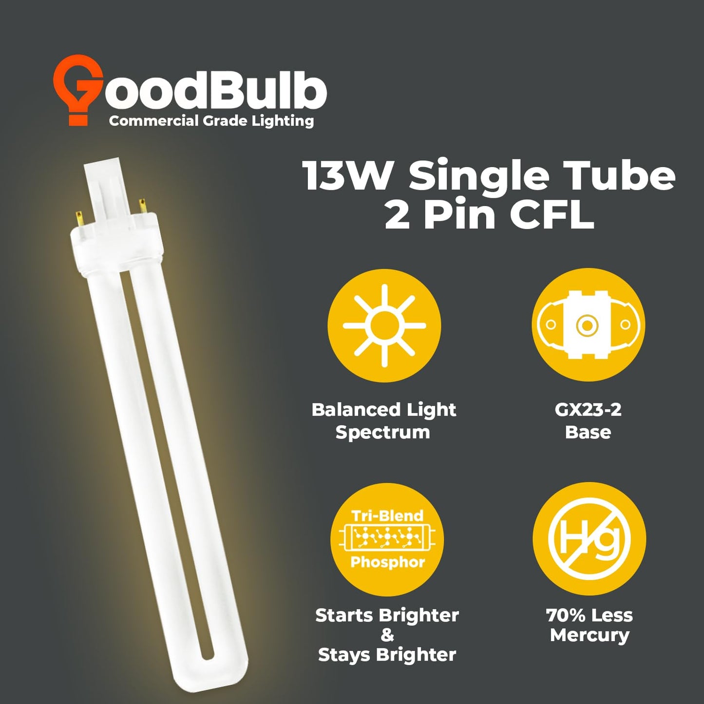 GoodBulb 13 Watt CFL Light Bulbs 2 Pin GX23 Base 2700K Soft White 13W High Output 800 Lumens Single Tube Compact Fluorescent Light Bulbs Plug-in 10