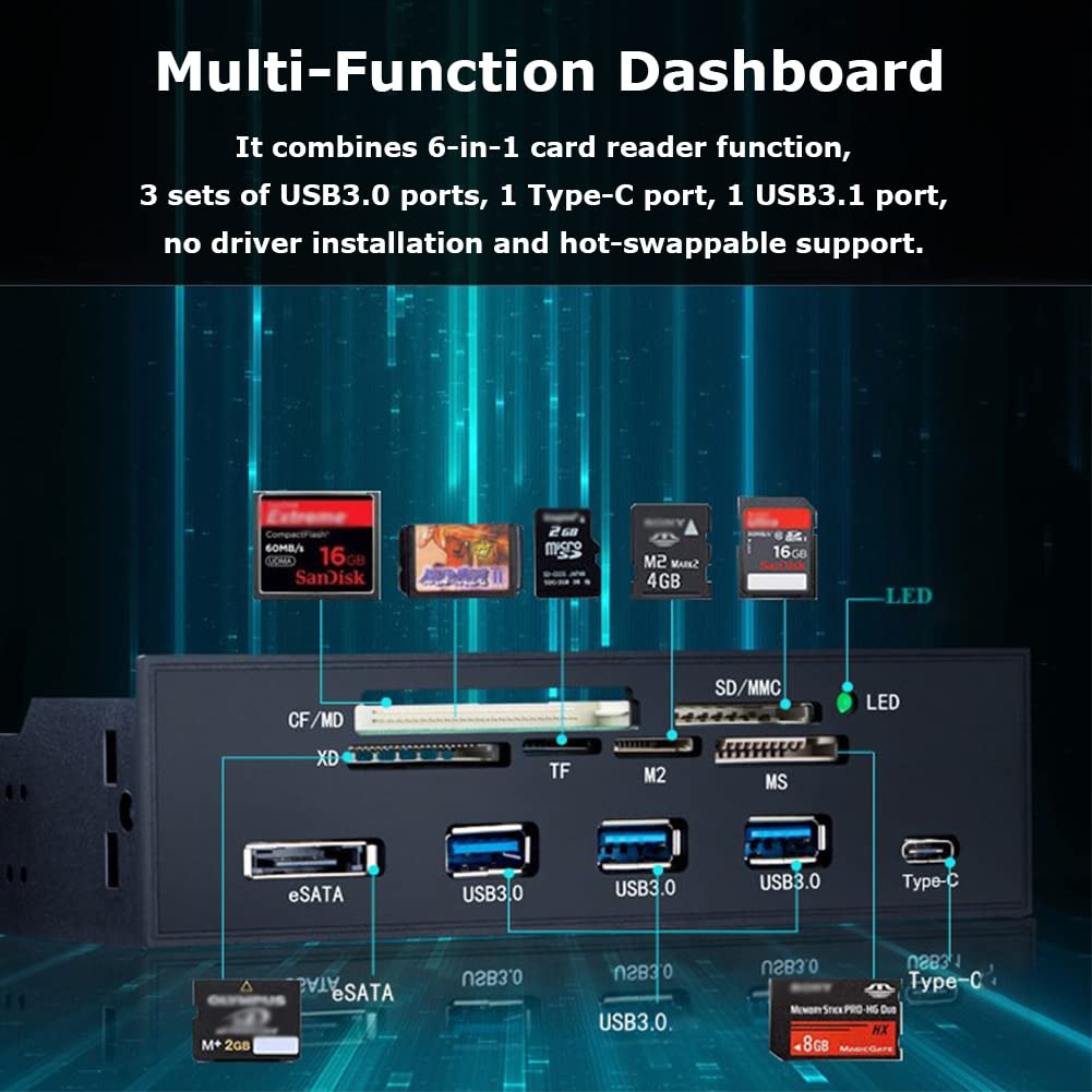 Internal Card Reader 5.25inches High Speed Front USB 3.0 Interface Multifunction Internal Card Reader Dashboard PC Front Panel,Equipped with eSATA