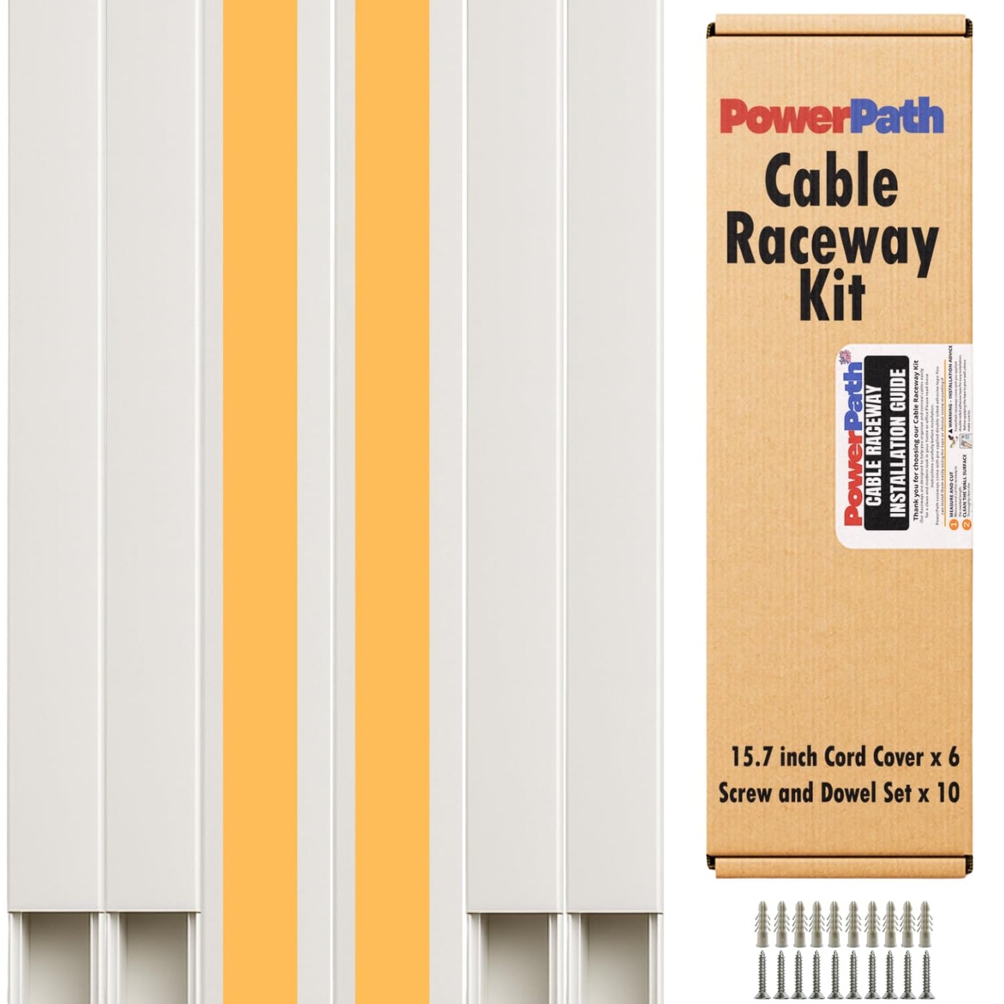 Cable Management Kit | 6 Pack x 15.7” (40cm) PVC Cable Raceway with Screws and Anchors | Paintable Wall Cord Cover for TV, Computer, and Home Office |