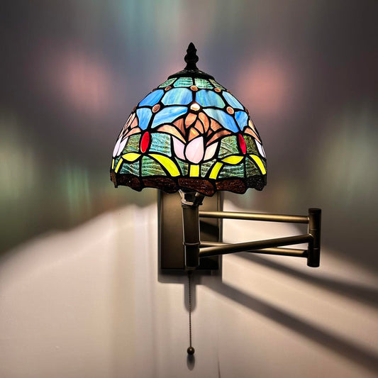 enjoy decor lamps Tiffany Sconce Lamp Swing Arm Blue Stained Glass Purple Tulips Pull Chain Switch LED Bulb Included for Bedroom Living Room