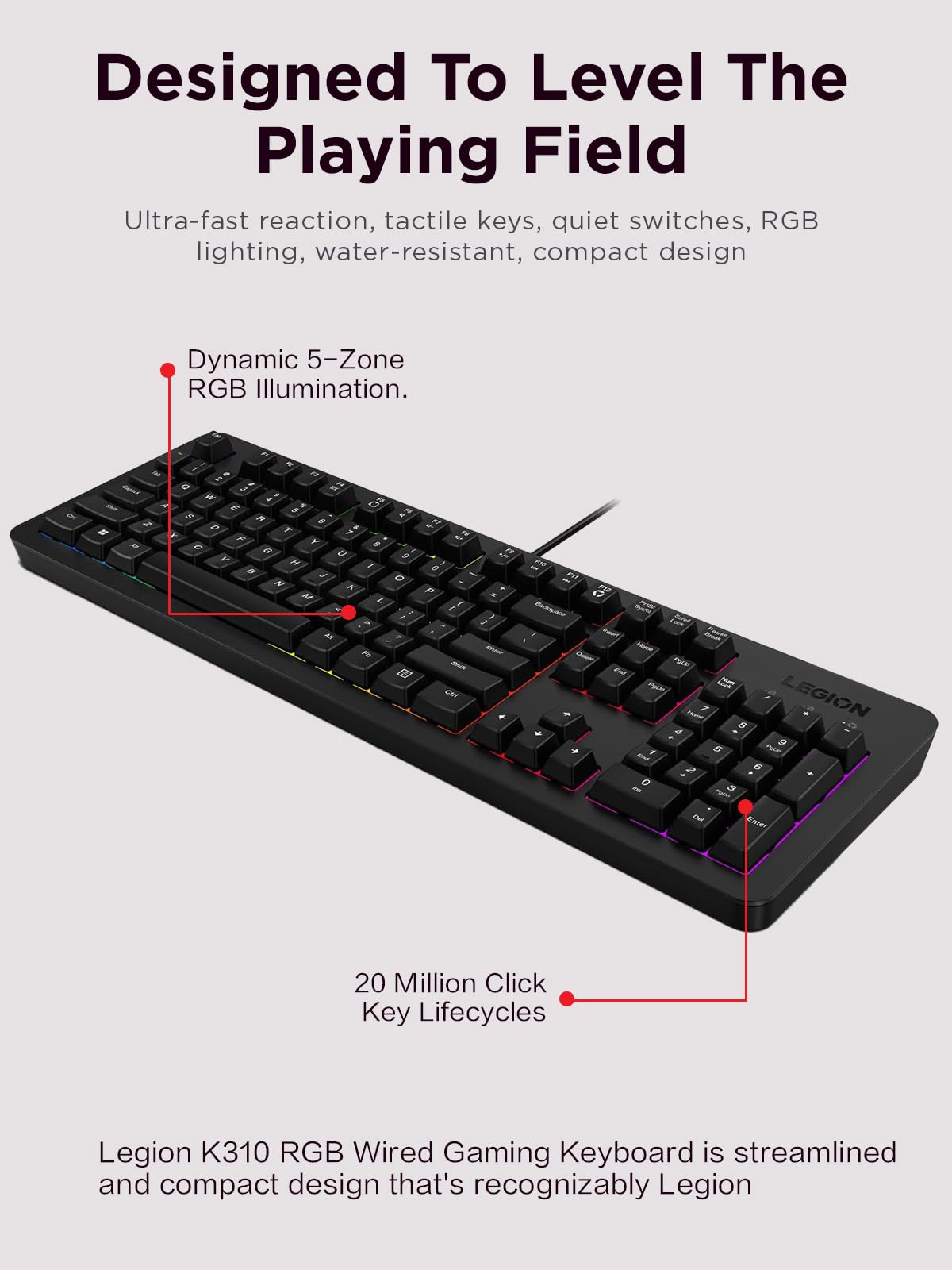 Lenovo Legion K310 RGB Wired Gaming Keyboard - Ultra-Fast Reaction Time with Tactile Keys, Quiet Key Membrane Switches, Silent Operation, RGB