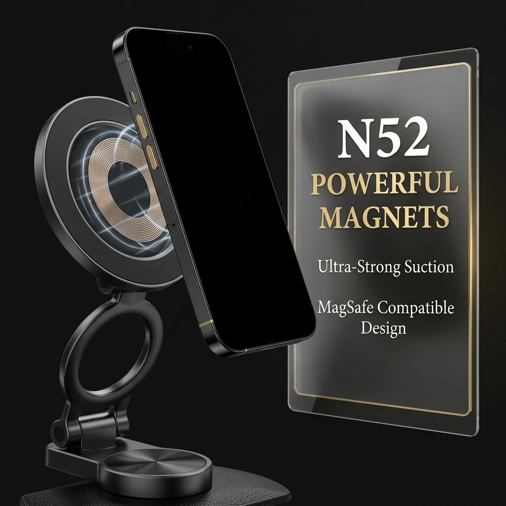bqoeesok Car Phone Holder for MagSafe, N52 Strong Magnetic 3M Adhesive Dashboard Mount, 57mm Ultra-Thin Foldable (0.75"), 360° Swivel + 75°~210° Tilt