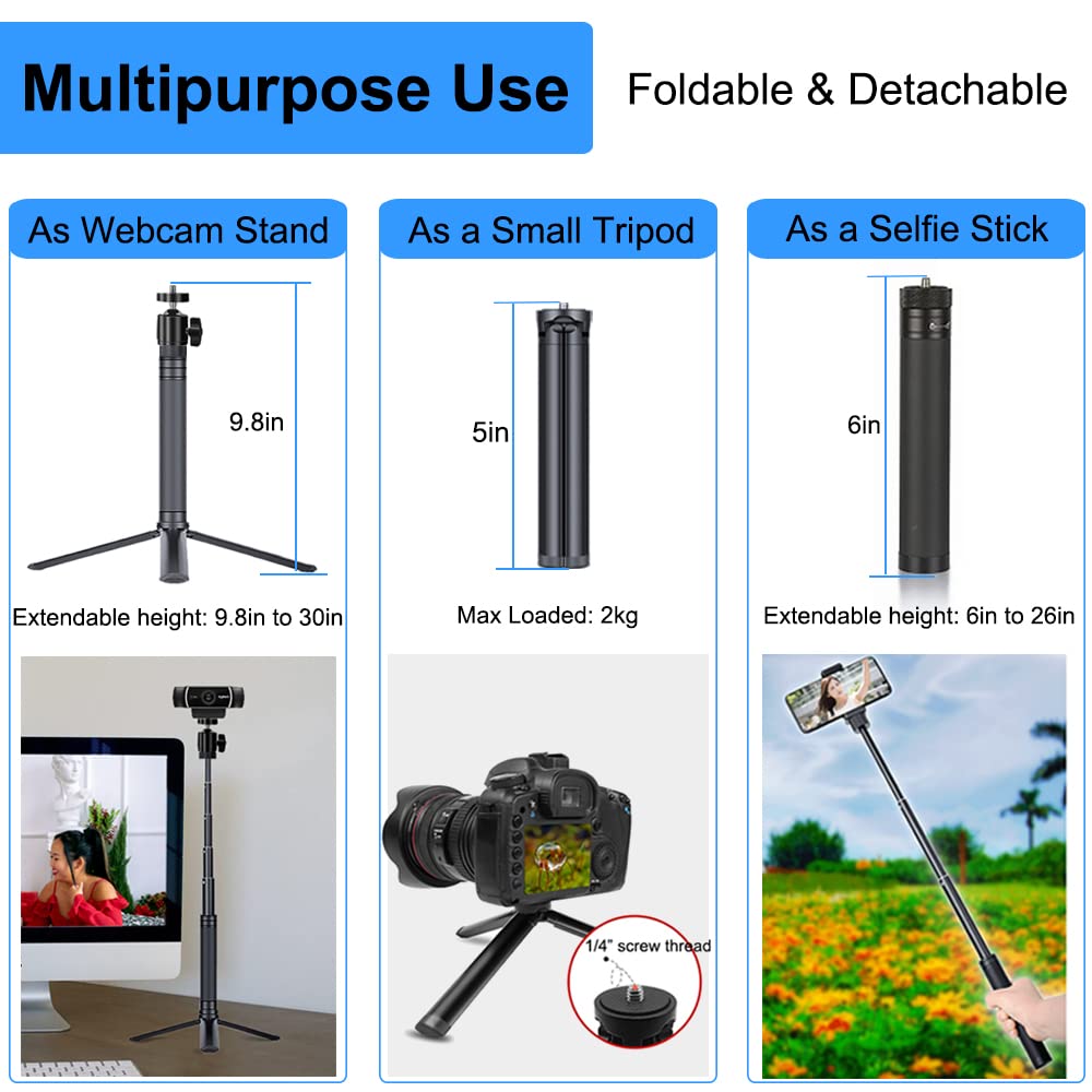 JCWINY 30" Tall Webcam Stand Tripod Extendable Desktop Tabletop Webcam Tripod Web camera Mount Aluminum Desk Tripods Stand for Logitech Brio Webcams
