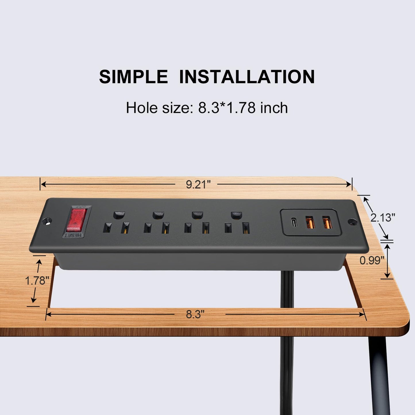 4 Outlets Recessed Power Strip with USB C 20W, Fast Charge Desktop Power Outlet Flush Mount Desk Extender 6.56 ft Extension Cord Plug in Furniture