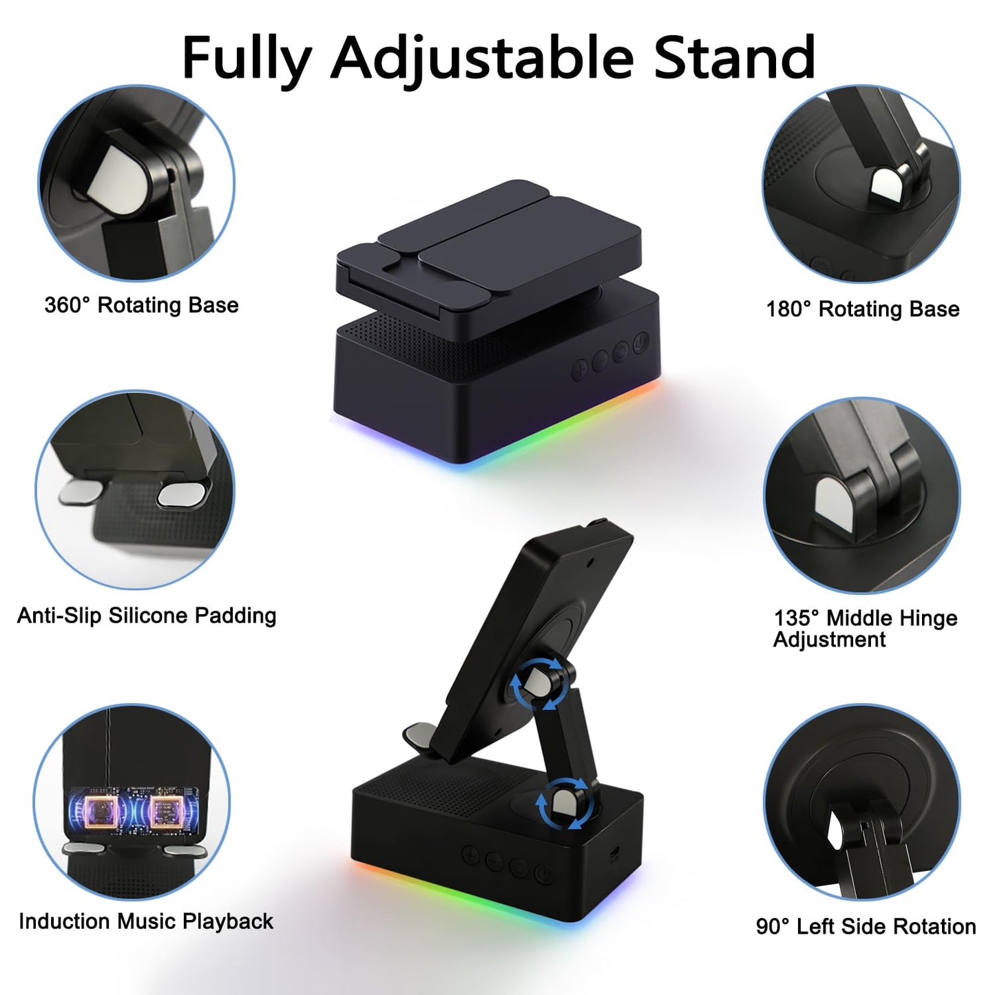 TuneEIf Wireless Induction Bluetooth Speaker, 5-in-1 Foldable Phone Holder, 1500mAh Emergency Charging, Colorful LED Ambient Light, Tech Gadgets Gifts