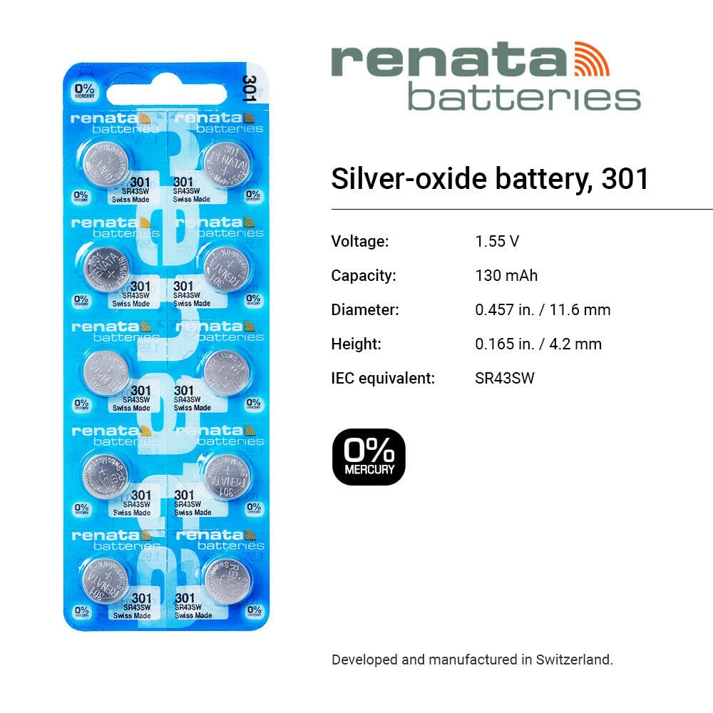 Renata 301 SR43SW Batteries - 1.55V Silver Oxide 301 Watch Battery (2 Count)