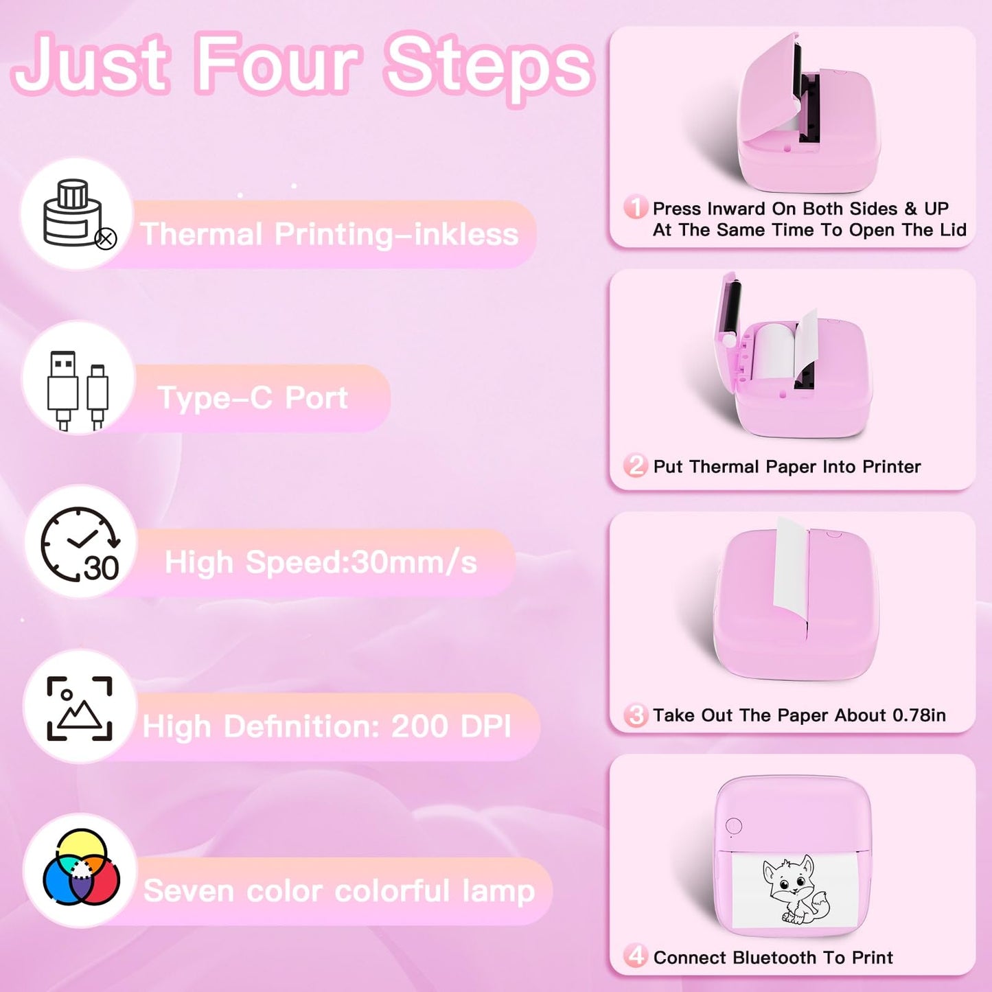 Lebt Mini Printer Sticker Printer Print Pod with 6 Rolls Sticker Paper, Seven Color Lighting Modes for DIY Scrapbook, Travel, Notes, Label, Memo