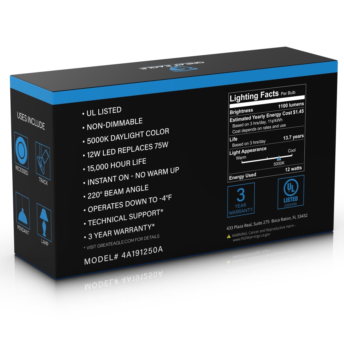 Great Eagle A19 Led Bulbs 75 Watt Equivalent - UL Listed - 5000K Daylight 75 Watt Led Light Bulbs - Non Dimmable - Standard Replacement (4 Pack)