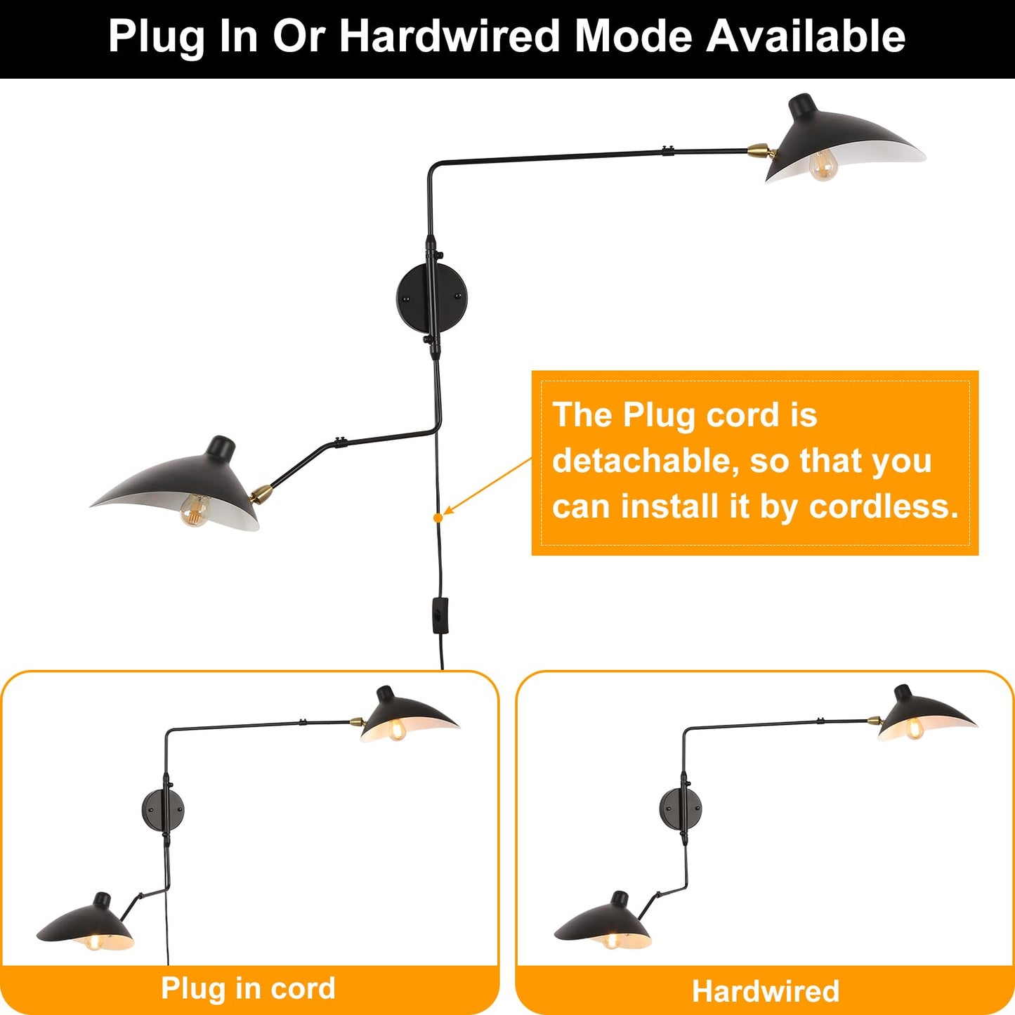 COSYLUX Modern Plug in Wall Sconces, 2-Light Double Swing Arm and Rotatable Beetle Shade Metal Wall Lamp, Vintage Reading Wall Light for Bedroom