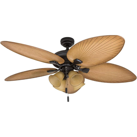 Honeywell Ceiling Fans Palm Valley, 52 Inch Tropical Indoor Outdoor Ceiling Fan with Light, Pull Chain, Three Mounting Options, 5 Palm Leaf Blades
