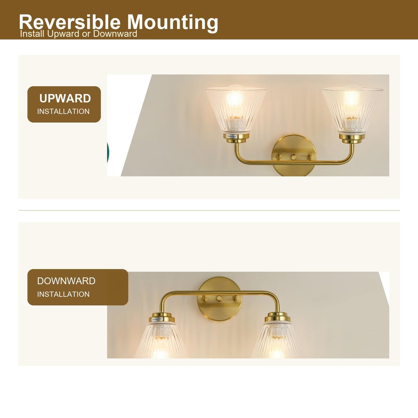 Prosaiet Bathroom Vanity Light, Brushed Gold 2-Light Bathroom Light Fixtures Over Mirror, Clear Ribbed Glass Shades, E26 Wall Sconce Lighting