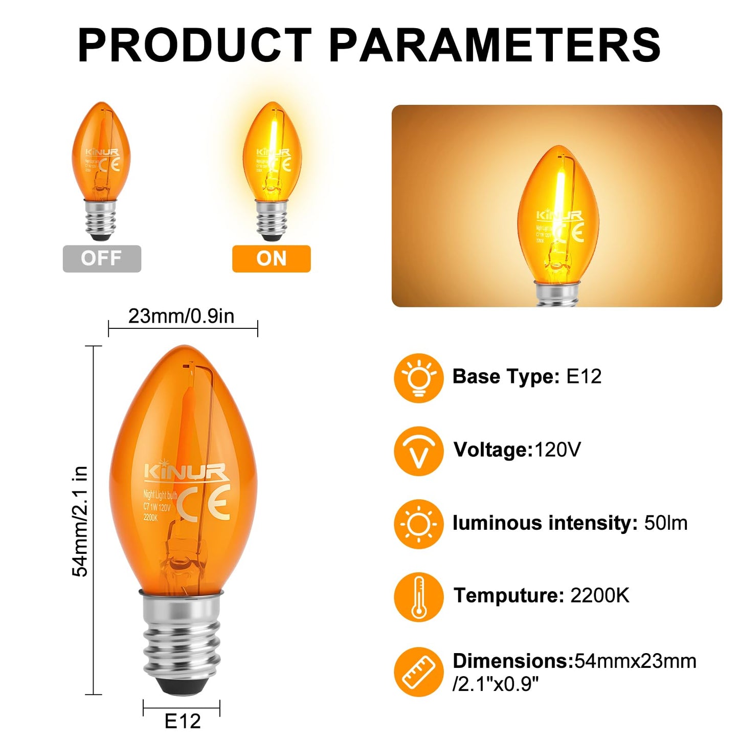 KINUR C7 LED Bulbs, led Night Light Bulb E12 Candelabra Base Amber 2200K, 1 Watt Equivalent 10W Incandescent Bulb, Salt Lamp and Window Candles