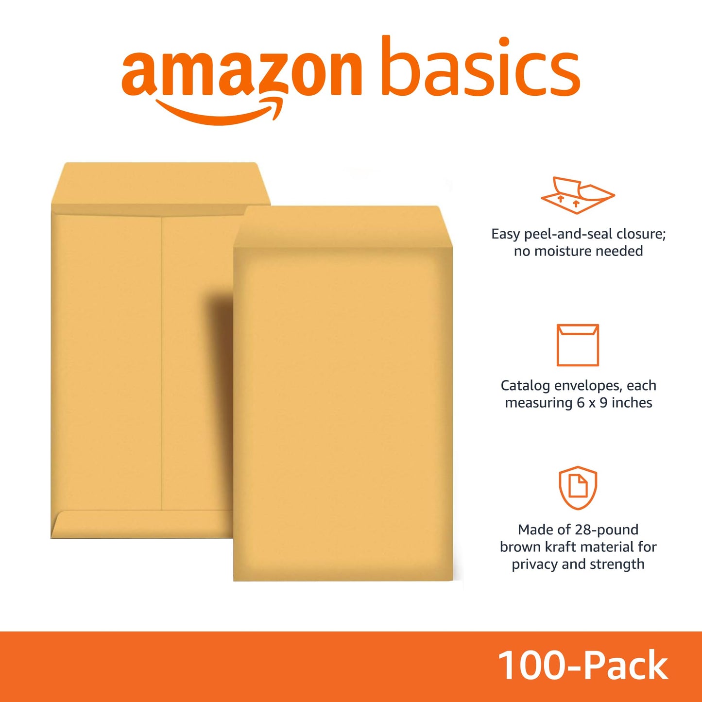 Amazon Basics Self Seal Catalog Envelopes for Business Mailing, Peel and Seal, 6" x 9", Brown Kraft, 100-Pack