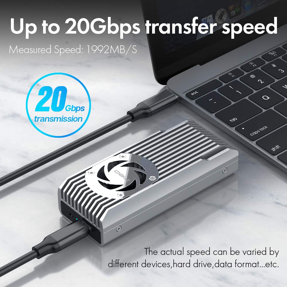 ineo M.2 NVMe 20G USB 3.2 Gen 2x2 Type-C to NVMe PCIe M-Key SSD Enclosure with Built-in Cooling Fan [C2598-NVMe, 20Gbps]