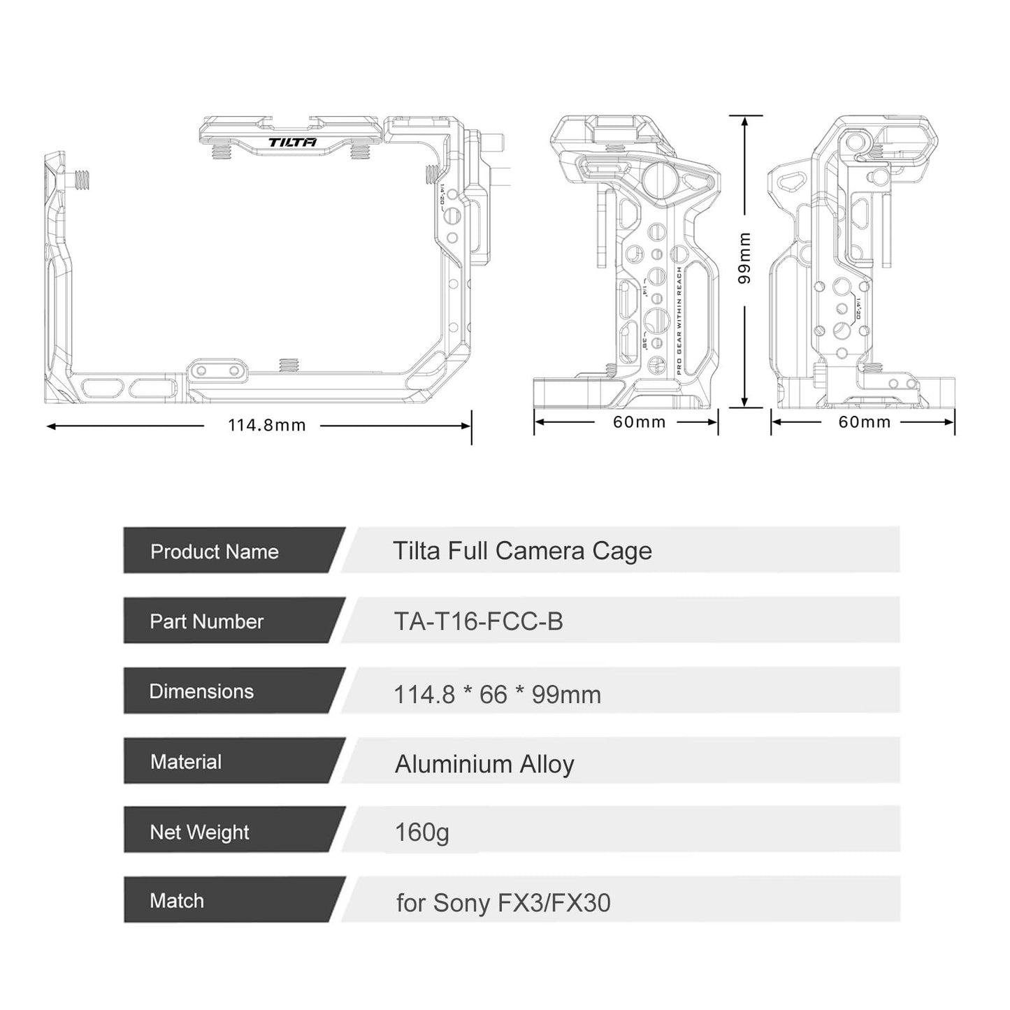 Tilta Full Camera Cage for FX3/FX30 V2 | Top Plate NATO Rail, Cold Shoe, 1/4""-20 and 3/8""-16 | Thumb Screw Design | Black
