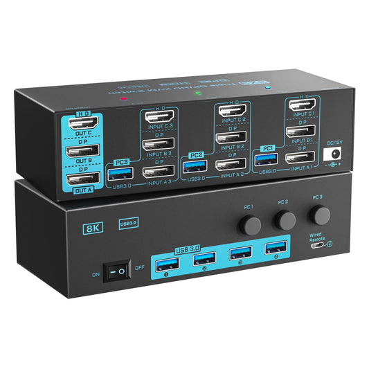 8K/4K KVM Switch 3 Monitors 3 Computers Triple Monitor 3 Port 2 Displayport 1.4 and HDMI 2.1 USB 3.0 KVM Switches, DP 1.4 Supports 8K@30Hz/4K@144Hz