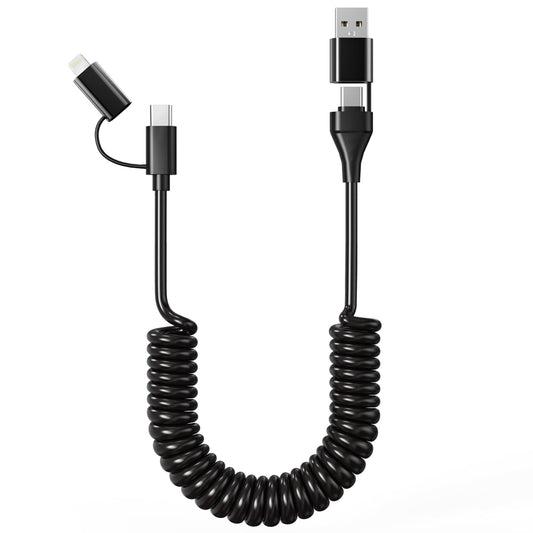 Coiled USB C and Lightning Charging Cable 4 in 1 Carplay Cord, 60W Fast Charging Cable Support Apple Carplay & Android Auto, Multi Charging Cable…