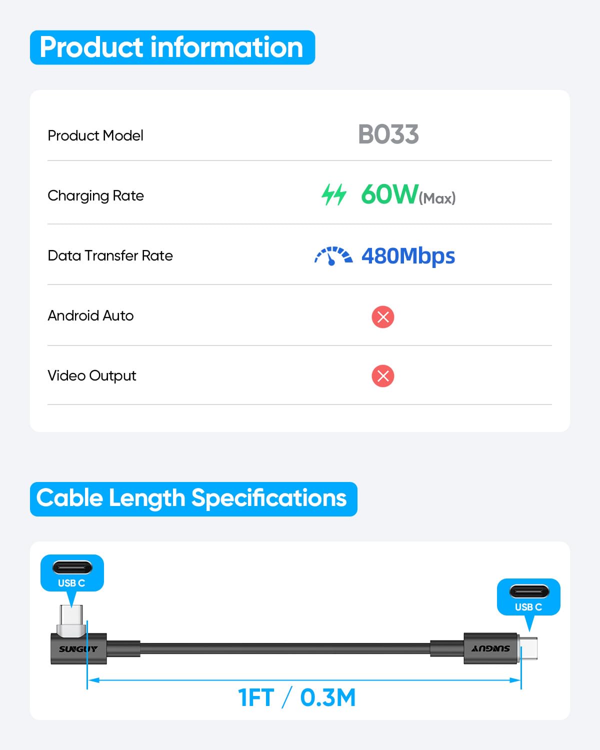 SUNGUY USB C to USB C Cable 1FT [2Pack], Right Angle 90 Degree Type C to C 60W PD Fast Charge Compatible for Samsung Galaxy S21 S20 S10, MacBook