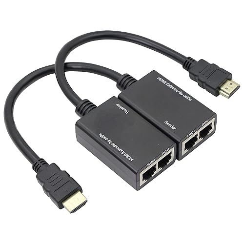 QIANRENON HDMI Extender Over Cat5e, RJ45 Ethernet to HDMI Cable 2 Ports Signal Amplifier 100ft 1080P HDMI Cable 30M Sender+Receiver, 2 Ports RJ45