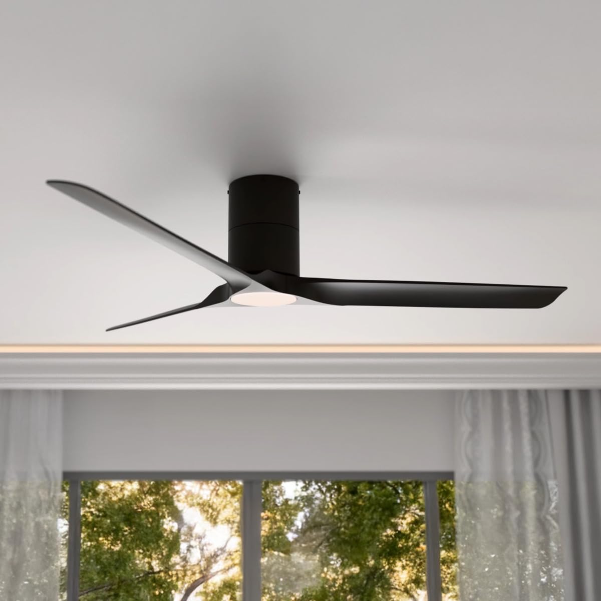 East Grove Home Delta 52in 3-Blade Smart Flush Mount Ceiling Fan 2700K-6000K CCT Tunable Range LED Light Kit with Matte Black Hardware in Matte Black