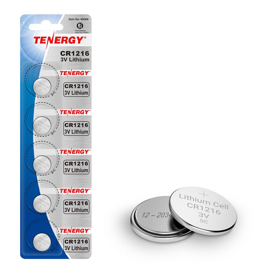Tenergy CR1216 3V Lithium Button Cell Battery, for Watches, Mini LED Lights, Forehead Thermometers, 5 Count