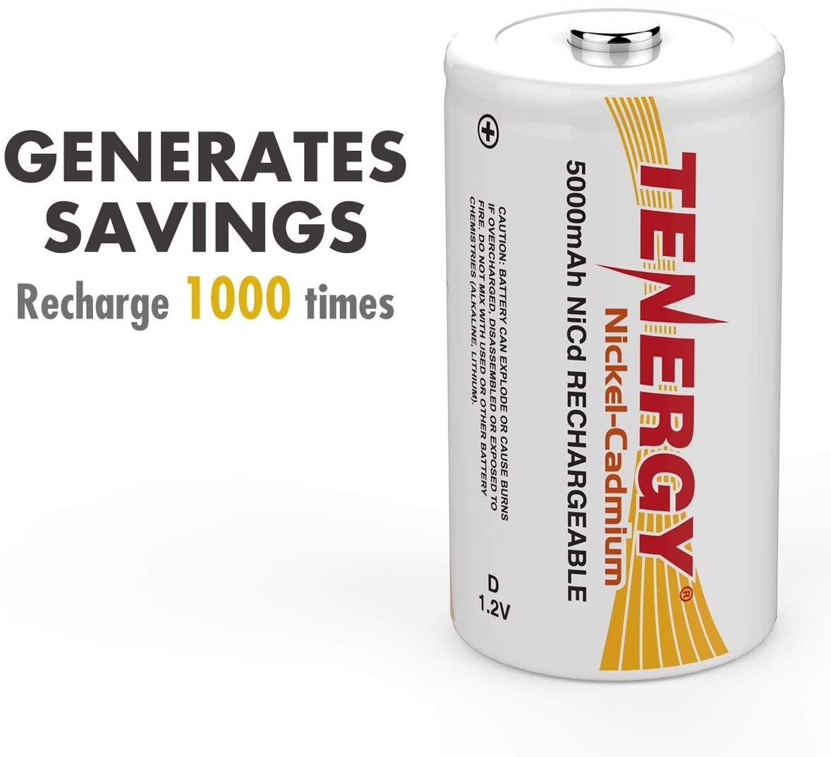 Tenergy D Size 5000mAh NiCd Button Top Rechargeable Batteries, 8 Pack
