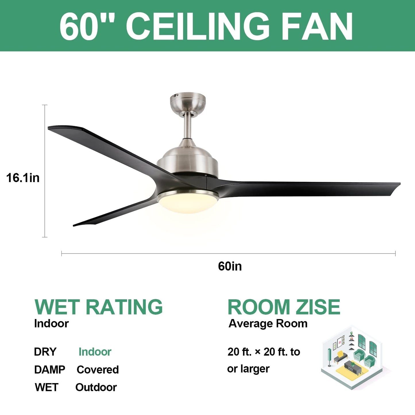 Homeybuff Ceiling Fan with Lights, 60-Inch, Brushed Nickel(3 Blades), Dimmable LED Light