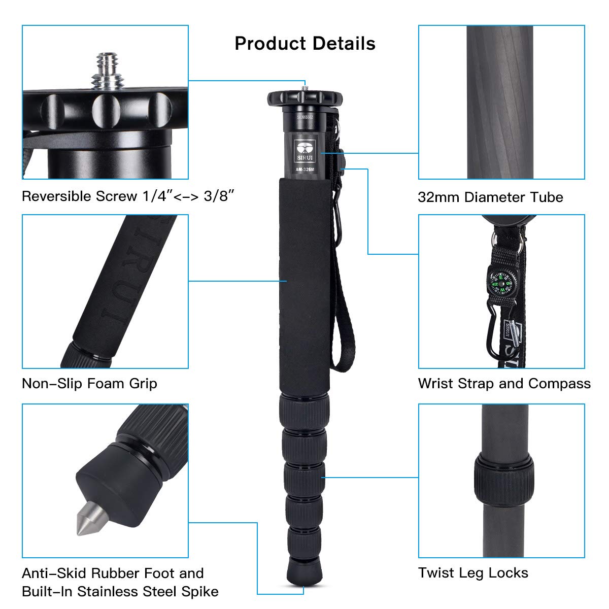 SIRUI Camera Monopod AM-326M 6 Section Carbon Fiber Portable Compact Lightweight Travel Monopod