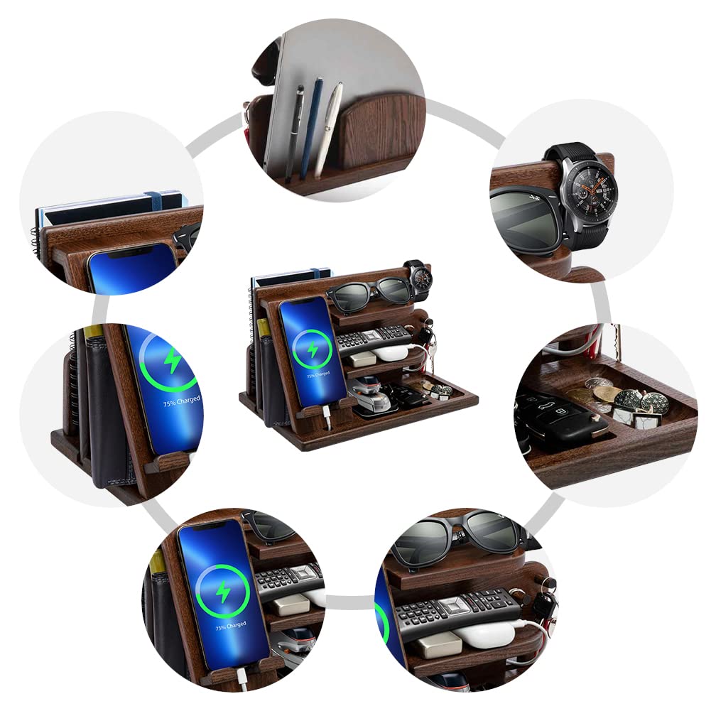 Gifts for Men Christmas, Wood Phone Docking Station, Mens Gifts for Birthday or Gifts for Dad Fathers Day, Desk Workspace Organizer Nightstand