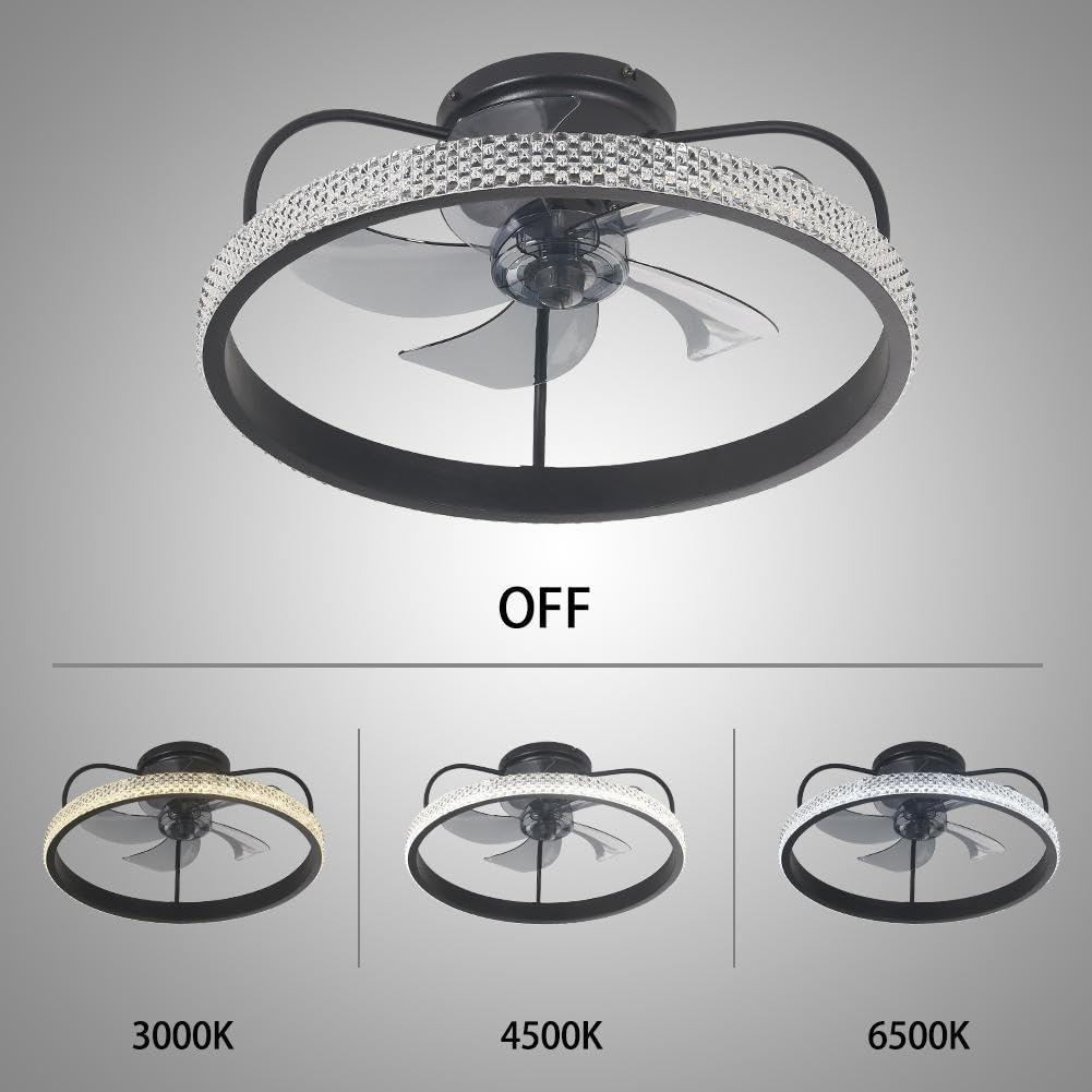 A Million Modern Crystal Flush Mount Ceiling Fan with Light, 20" Low Profile Ceiling Fan Bladeless Remote Control, 3 LED Light and 6 Speed Change