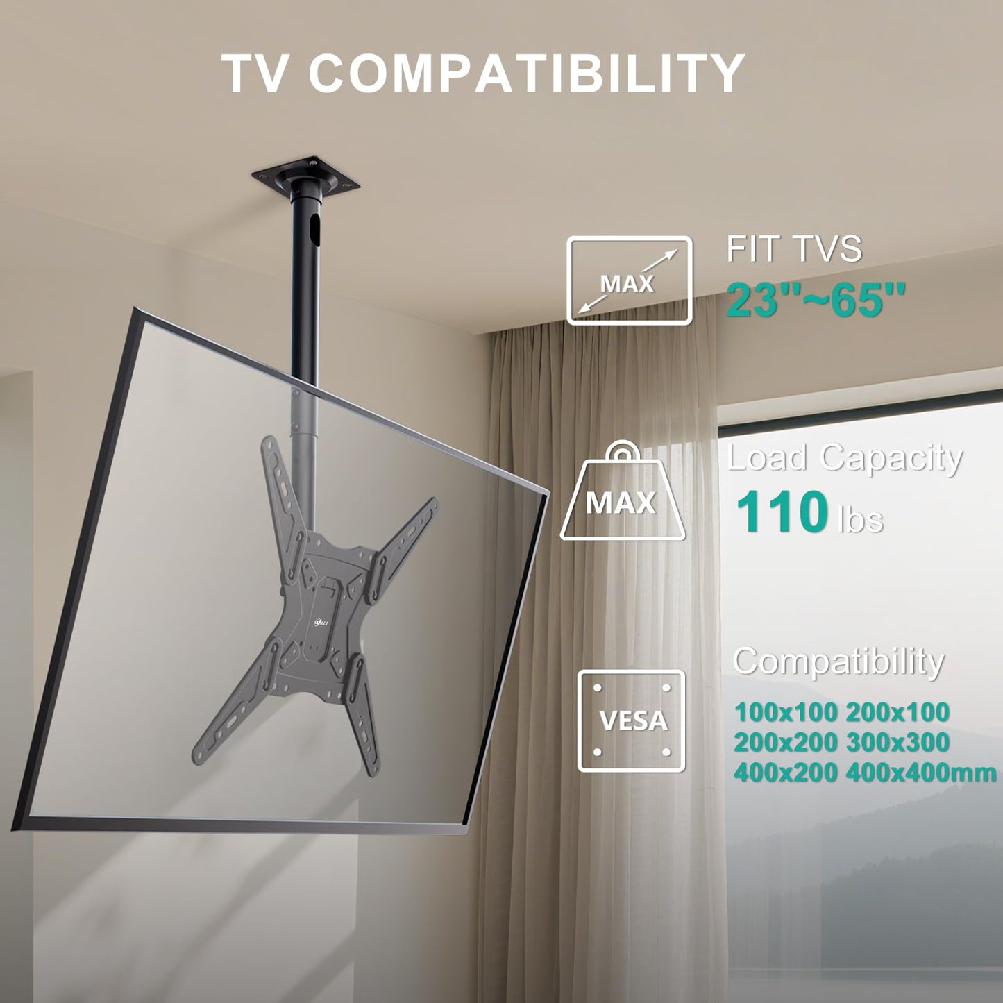 WALI Ceiling TV Mount Adjustable Bracket Fits Most LED, LCD, OLED and Plasma Flat Screen Display 23 to 65 Inch, up to 110 Lbs, Mounting Holes