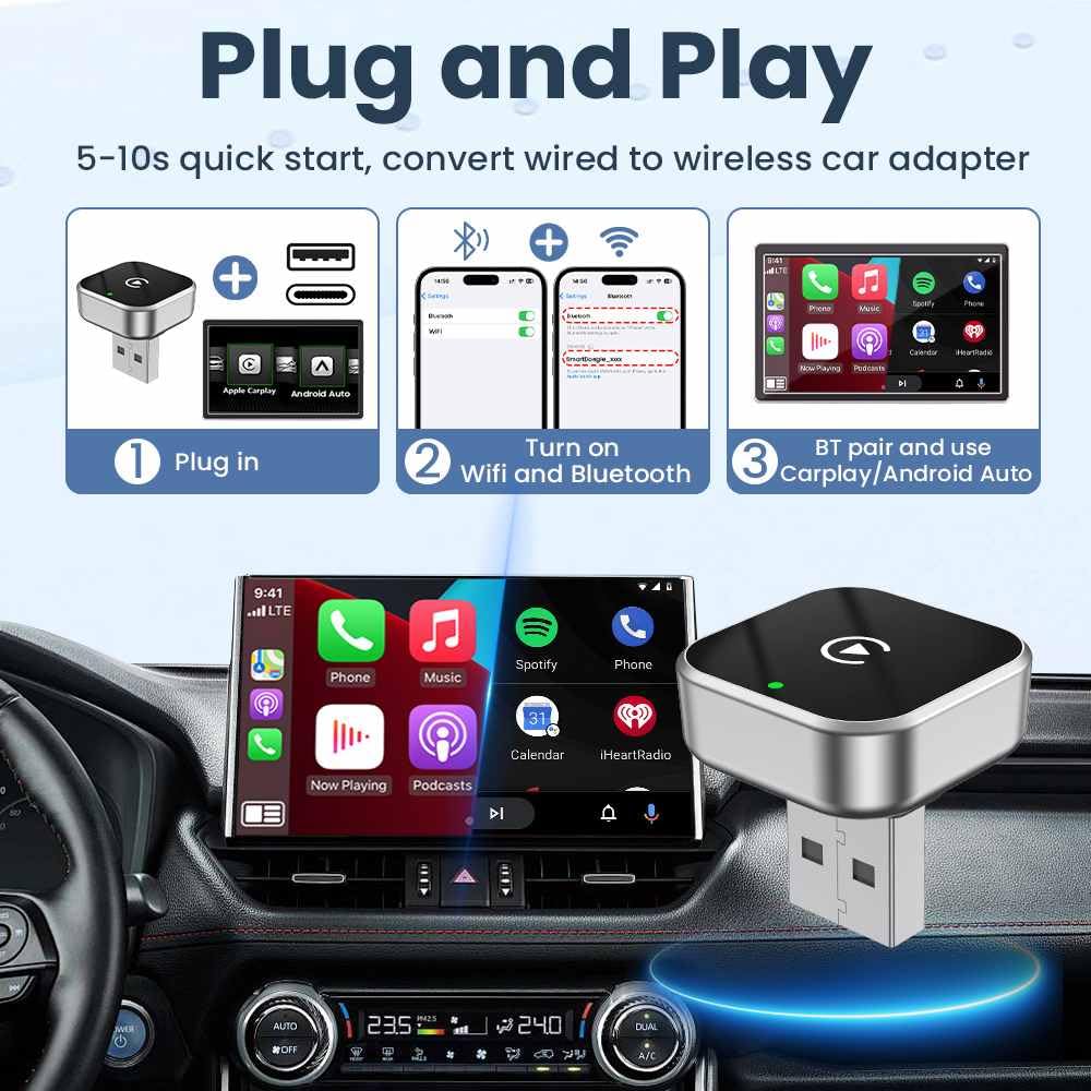 CarProKit Wireless CarPlay Adapter 2026 Upgrade 2IN1 CarPlay Android Auto Mini USB Dongle, Turns Factory Wired to Wierelss, Plug and Play, No Delay