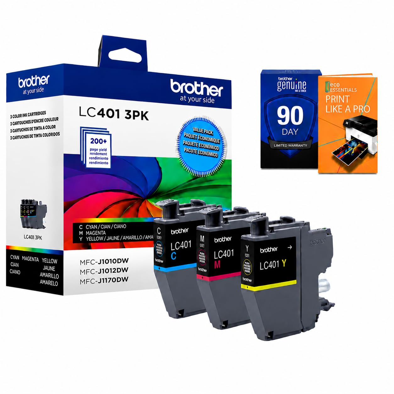 Brother Genuine LC401 3-Pack Color Standard Yield Ink Cartridge (Cyan, Magenta, Yellow) Bundle with Deco Essentials Printer eBook for MFC-J1010DW